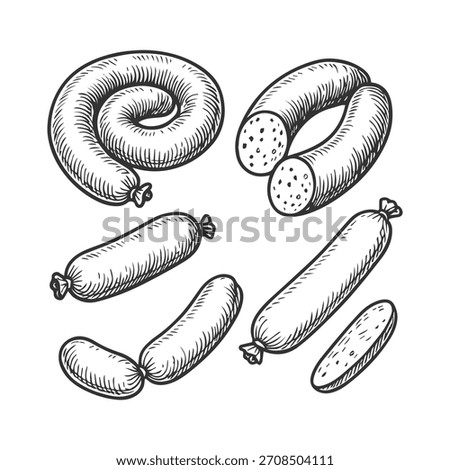 Doodle sausage sketch set, hand drawn food engraving. 