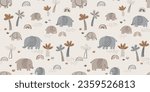Doodle savanna landscape. Elephants, rainbows and palms trees. Safari seamless wallpaper. Cute childish safari pattern for stationery, posters, cards, nursery, apparel, scrapbooking.