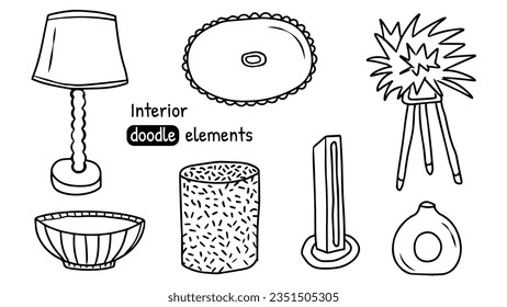 Doodle scandinavian Interior elements Boho hand drawn style. Cozy home environment for the living or bedroom. Vector illustration