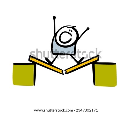 Doodle scared cartoon stickman screams in fear on a broken bridge and is afraid to fall down. Vector illustration of an unreliable path. Isolated person on white background.