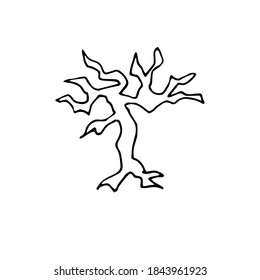 Doodle scary bare Tree. Hand drawn horror autumn plant isolated on white background. Naked Tree silhouette with fallen leaves, curved branches, roots. Vector illustration for Halloween, spooky prints