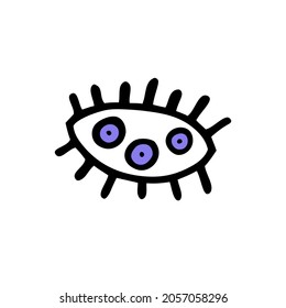 Doodle scary eye. Hand-drawn crazy monster element. Violet eyeball with three pupils, eyelashes. Witch, zombie sketch sign. Spooky symbol. Vector illustration for Halloween, creepy autumn scary party