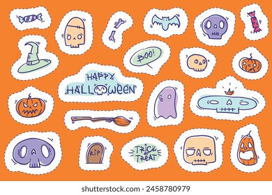Doodle scary skull head, witch hat, broom, pumpkin, jack o lantern, candy, grave, headstone, bat, cute ghost face, mask. Vector set. Handdrawn colorful festive line art stickers for Halloween party.  svg
