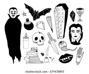 Doodle scary vampire and various spooky stuff. Hand drawn graphic vector set. All elements are isolated
