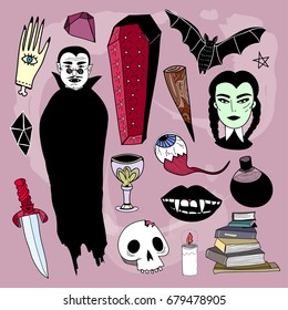 Doodle scary vampire and various spooky stuff. Colored graphic vector set. All elements are isolated