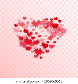 Doodle scattered hearts falling valentine background. Romantic holiday party decor. Bright hearts love passion symbols isolated on white background. Birthday simple decor.