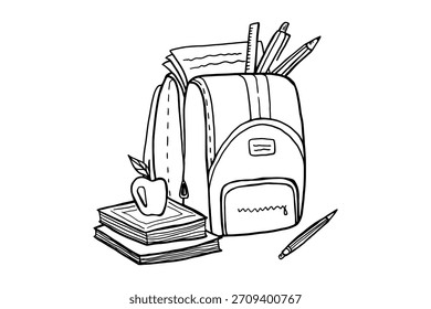 Doodle Schulrucksack mit Büchern und einem Apfel. Zurück zur Schule Skizze auf weißem Hintergrund