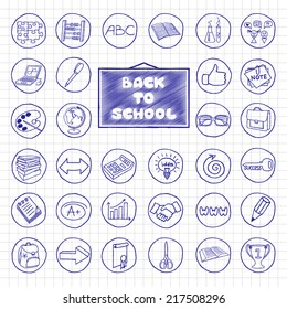 Doodle school buttons. Pen hand drawn vintage effect. Back to school concept.
