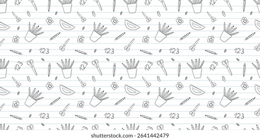 Doodle school elements in a repeating pattern. Perfect for educational materials, kids’ textiles, digital backgrounds and teacher resources. Vector illustration