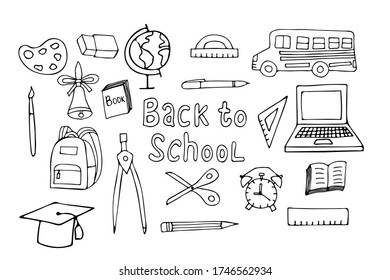 Colección de iconos de la escuela Doodle. Juego de iconos de la escuela dibujados a mano. Volver a los iconos de la escuela conjunto