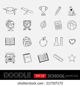 Doodle school icons set.Themed design with different elements:hat graduate,scroll, apple,books,flasks, basketball,alarm clock, briefcase, backpack, school bus,globe,ruler,microscope