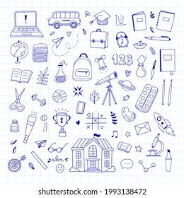 Doodle school illustration set. School clipart vector collection. Hand drawn back to school set
