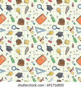 doodle school items or equipment seamless pattern on paper background