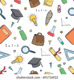 doodle school items or equipment seamless pattern