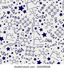 Doodle school seamless pattern with formulas and schemes. Vector illustration