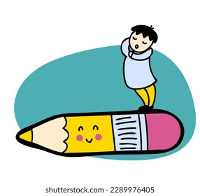 Doodle school student with giant pencil. Drawing, writing, creating, design, blogging concept. Hand drawn vector illustration.



