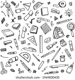 Doodle school supplies icon pattern set background