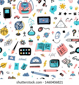 Doodle School Supplies Icons Vector Seamless Pattern. Education Design Elements Colorful Background for Kids. Back to School