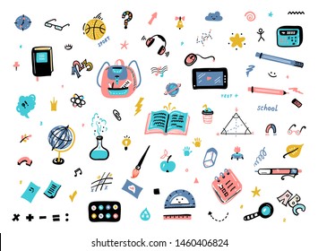 Doodle School Supplies Icons Vector Set. Education Design Elements Collection. Back to School