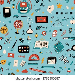 Doodle School Supplies Icons Vector Seamless Pattern. Education Design Elements Colorful Background for Kids. Back to School