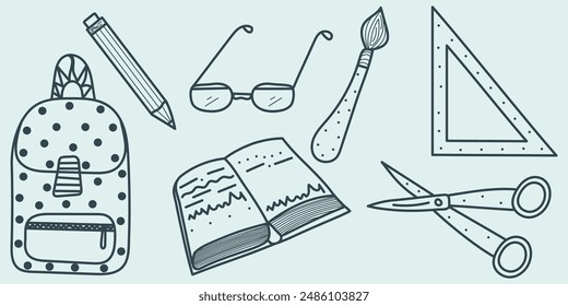 Doodle Set de útiles escolares: tijeras, gafas, Regla, lápiz, pincel, libro de texto, bolso escolar. Vector dibujado a mano, no ilustración AI sobre fondo azul	