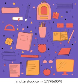 Doodle school vector illustration. Different study supplies.  School start, print, cover, colorful background. Notebook, pencil, bag, glasses, computer on purple background.