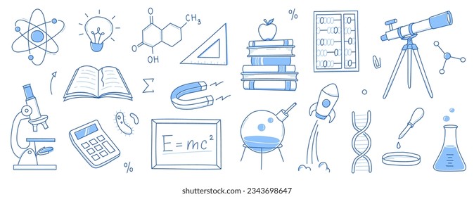 Ciencia Doodle, icono de la escuela de educación. Antecedentes científicos del doodle dibujados a mano. Química escolar, educación física, ícono de concepto biológico. Ilustración vectorial de línea dibujada a mano.