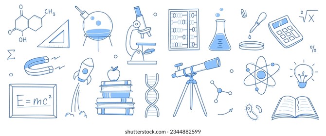 Ciencia Doodle, icono de la escuela de educación. Antecedentes científicos del doodle dibujados a mano. Química escolar, educación física, ícono de concepto biológico. Ilustración vectorial de línea dibujada a mano.