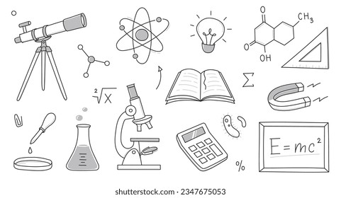 Ciencia Doodle, icono de la escuela de educación. Antecedentes científicos del doodle dibujados a mano. Química escolar, educación física, ícono de concepto biológico. Ilustración vectorial de línea dibujada a mano.