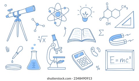 Doodle Science, Education School Ikone. Handgezeichnete Skizze-Stil doodle wissenschaftliche Hintergrund. Chemie, Physikausbildung, Biologie-Konzeptsymbol. Handgezeichnete Linie, Vektorgrafik.