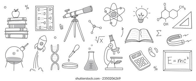 Doodle science, education school icon. Hand drawn sketch style doodle science background. School chemistry, physics education, biology concept icon. Hand drawn line vector illustration.