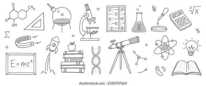 Ciencia Doodle, icono de la escuela de educación. Antecedentes científicos del doodle dibujados a mano. Química escolar, educación física, ícono de concepto biológico. Ilustración vectorial de línea dibujada a mano.