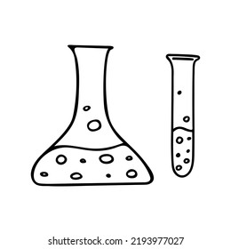 Doodle of science laboratory beaker and test tube. Hand drawn vector illustration isolated on white background.