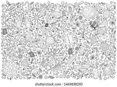 Doodle Science vector illustration . Biology and Biotechnology set. Hand Sketches on the theme of Zoology, Botany, Anatomy on white background.