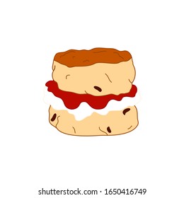 Doodle scone or biscuit with jam and cream isolated on white background. Traditional British teacake, afternoon tea, cream tea, tea party, buttermilk biscuits. Great for icon, card, menu, logo design.