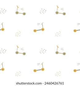 Doodle scooters. Simple cute seamless pattern in pastel colors for textiles and fabrics, wallpaper, wrapping paper for kids and babies