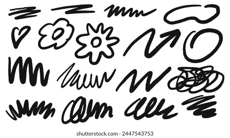 Doodle scrawls and flowers with a marker. Hand drawn elements collection. Childish drawing. Curly brush strokes, marker scrawls. Vector textured illustration.