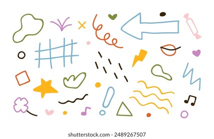 Doodle scribble abstract elements, simple shapes, sketchy lines set. Cute clip art bundle. Creative drawings, hand drawn quirky sketches. Colored flat vector illustration isolated on white background