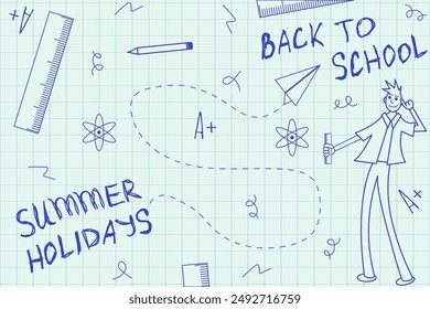 Doodle scribble Back to School banner design. Welcome Back to School background template with hand drawn scrawl element. Checkered vector illustration can used education backdrop. EPS 10