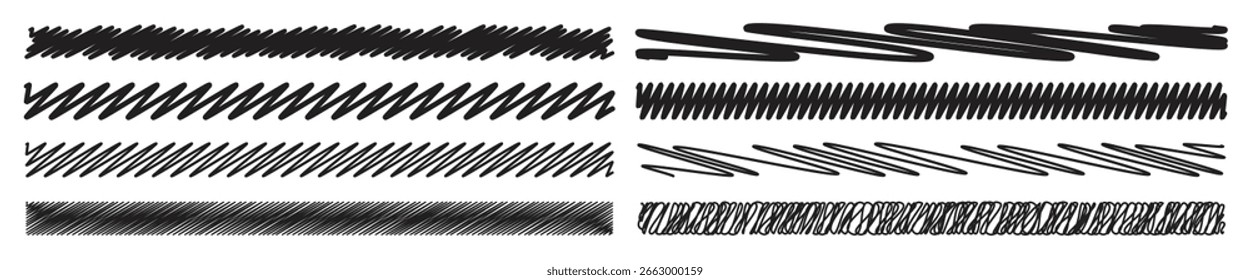 Doodle scribble black long rectangular lines shapes collection, set. The hand drawing effect. Brush texture. Editable stroke. Vector elements for posters, banners, design and projects.