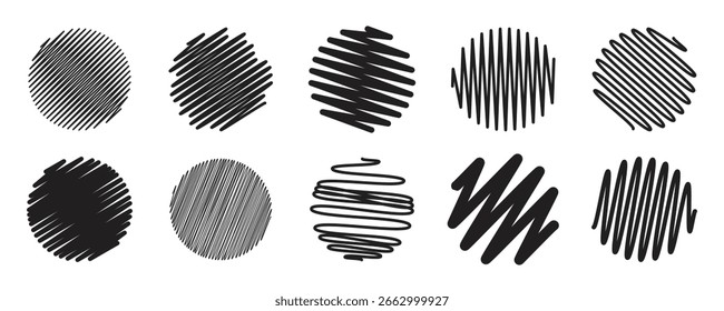 Doodle scribble black round shapes collection. Circle set. The hand drawing effect. Brush texture. Editable stroke. Vector elements for posters, banners, design and projects. White background.