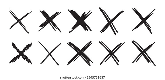 Doodle scribble crosses to cross out or mark text set. X sign sketch style. denial signs isolated on white background. Vector illustration