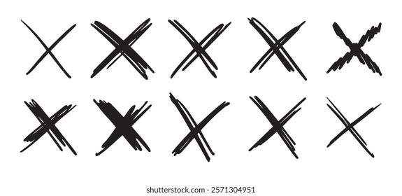 Doodle scribble crosses to cross out or mark text set. X sign sketch style. denial signs isolated on white background. Vector illustration