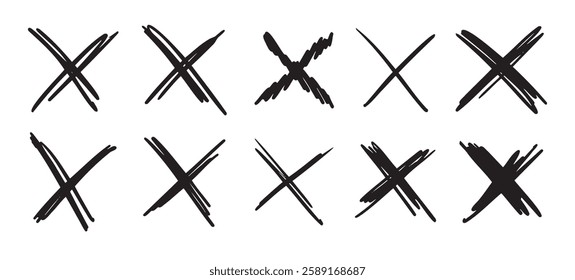 Doodle scribble crosses to cross out or mark text set. X sign sketch style. denial signs isolated on white background. Vector illustration