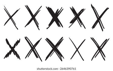 doodle scribble crosses cross out mark text set x sign sketch style denial signs isolated white back