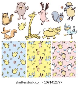 Doodle Scribble Cute animal vector and patterns