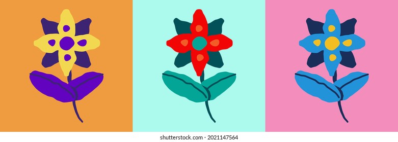 Doodle scribble flower collection clip art in three colors versions for greeting or postcard design. 