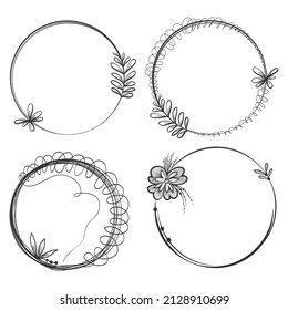 doodle scribble. Hand drawn floral circle frame. Elegant wreath with leaves element for wedding design, for birthday cards, posters