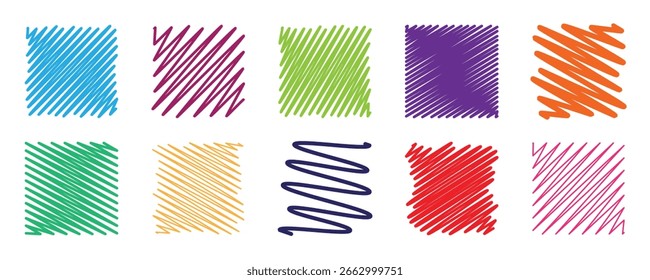 Colección de Formas multicolores de garabatos. Conjunto cuadrado. El efecto de dibujo a mano. Textura del pincel. Trazo editable. Elementos de Vector para carteles, Anuncios, diseño y proyectos. El fondo blanco.