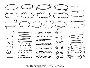 Doodle scribble. Sketch line frames and elements. Underline shapes, speech bubble, paint ink emphasis. Simple handwriting ribbons, stars, arrows. Hand drawn kids doodles, graffiti strokes vector set.